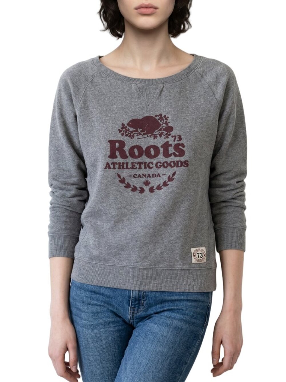 Roots Canada Grey Crewneck Sweatshirt w/ Burgundy Beaver Logo Medium